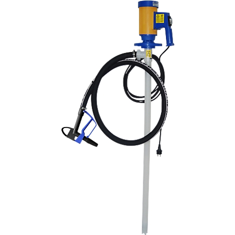 A yellow and blue barrel pump with a black hose and a blue handle. The device stands upright on a white base.
