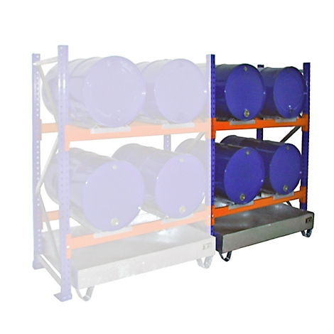 Blue and orange steel racking filled with blue barrels. Beneath the racking is a spill containment basin with wheels.