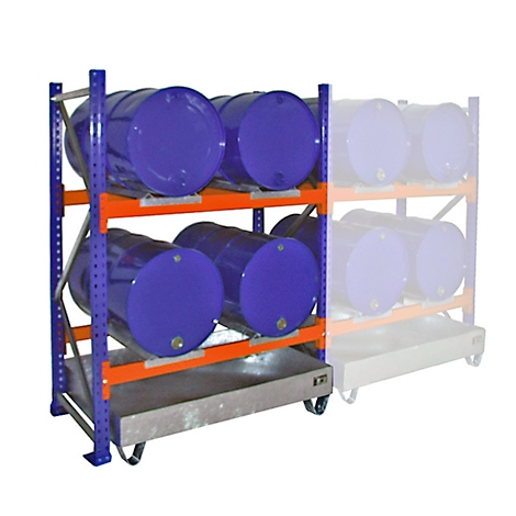 A blue drum trolley with several barrels. The barrels are stored on different levels. The trolley is blue, orange and silver.