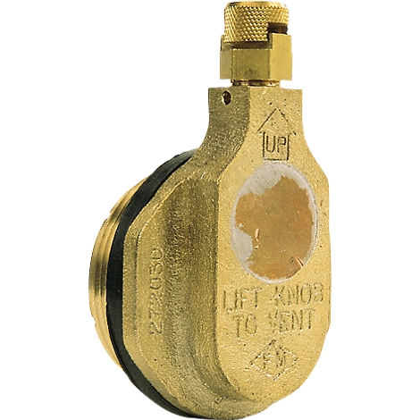 Brass-colored vent valve, text: 'LIFT KNOB TO VENT'. 'UP' arrow, black seal. Small turning knob.
