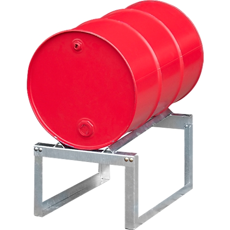 Red barrel on a silver holder. The metal barrel is horizontal, with a slight inclination, and is supported by a frame.