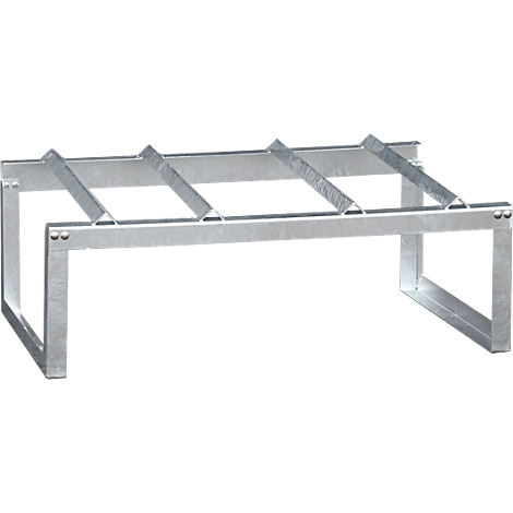 Silver metal shelf with a rectangular base, horizontal bars and vertical supports.