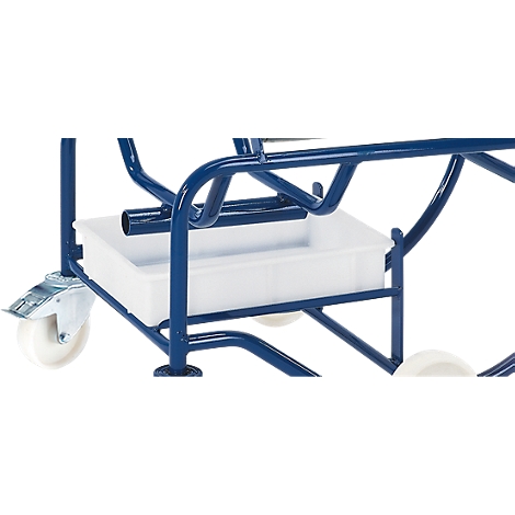 Close-up of a blue metal frame with a white plastic tub and wheels. Detailed view for improved perception.