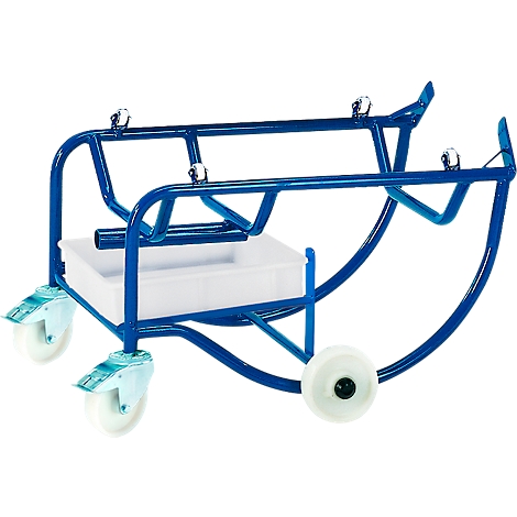 Blue metal cart with white wheels and a white plastic tray.