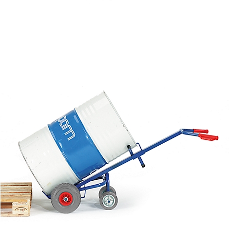 Metal barrel on a blue hand truck. The barrel is white with a blue band and lettering.