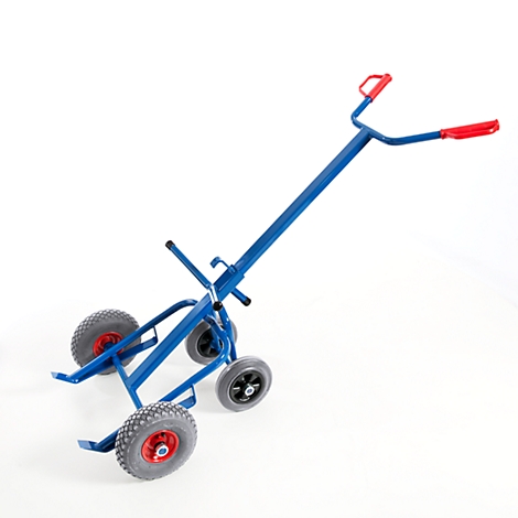 Blue transport trolley, three wheels, red handles and wheel centers, on white background.