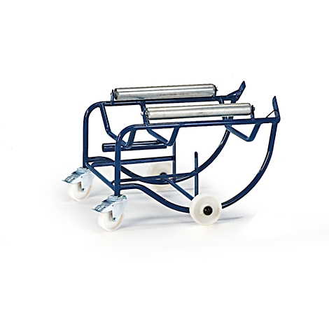 Blue paper roll cart with silver rollers, white wheels on white background.