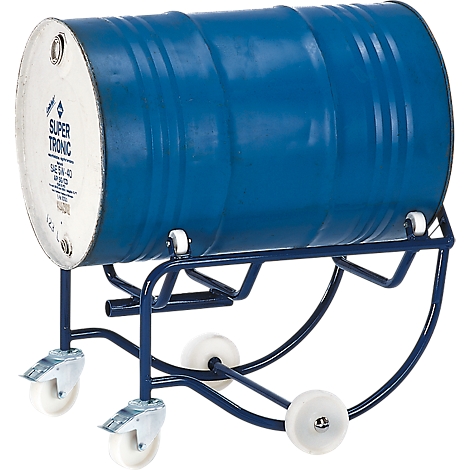 Blue barrel cart with a barrel on top. The cart has wheels and the barrel has a sticker.