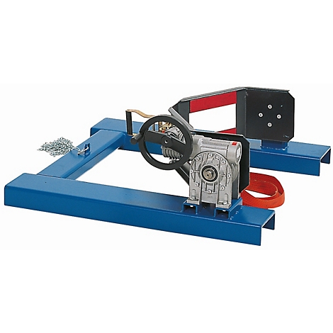 Blue metal frame with gears, crank, and black bracket.