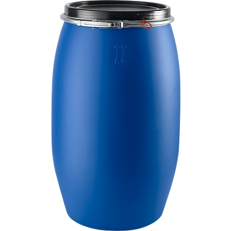 Blue plastic barrel with black lid and tension ring.