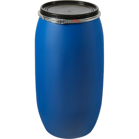 Blue plastic barrel with black lid, metal ring. Vertical format.