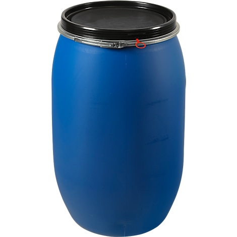 Blue plastic barrel with a black lid. The lid is secured by a locking ring.