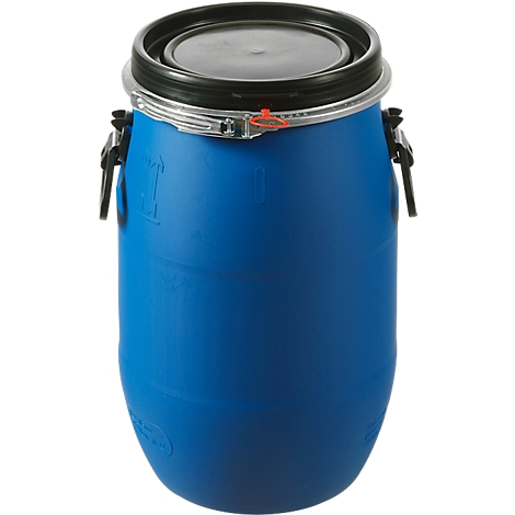 Blue plastic barrel with black lid and metal closures.