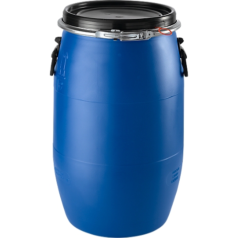 Blue plastic barrel with black lid and metal closure, details.