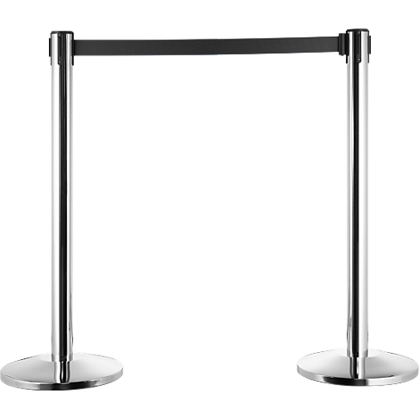 Two silver stanchions with a black strap.