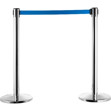 Two polished silver barrier posts with blue band, isolated on white background.