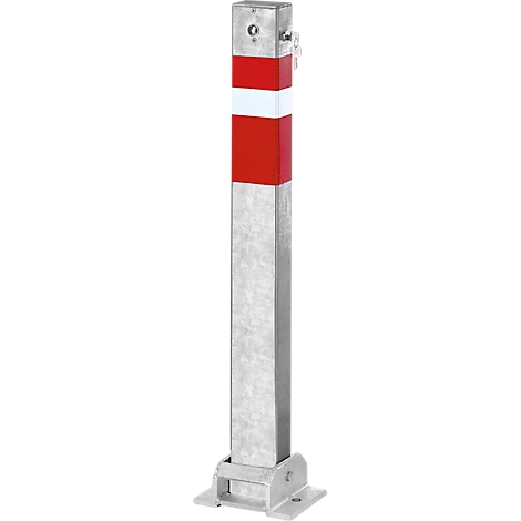 Grey, rectangular bollard with red and white stripe. Screwed to metal plate at top and bottom.