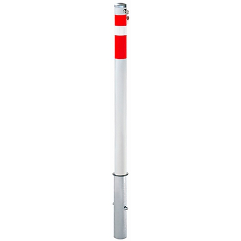 Gray bollard with a red stripe. Metallic top and bottom, white in between.