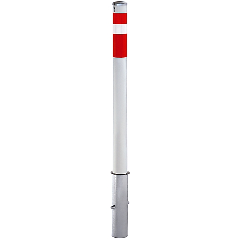 White bollard with two red bands and silver base.