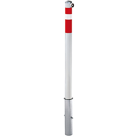 A red and white bollard against a white background.