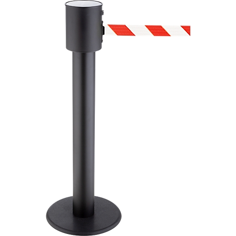 Black stanchion with red and white striped tape, isolated on a white background.