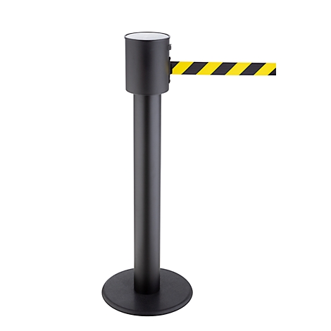 Black barrier post with yellow and black barrier tape, on a white background.