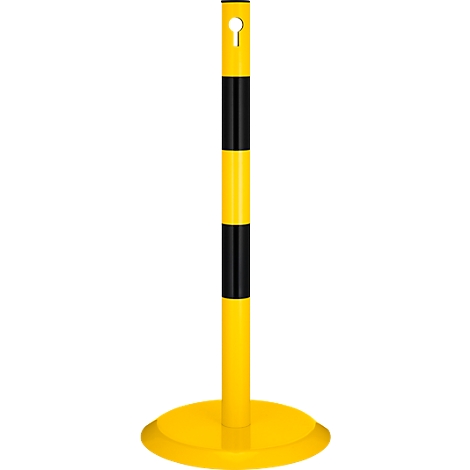 Yellow and black bollard with round base, standing vertically.