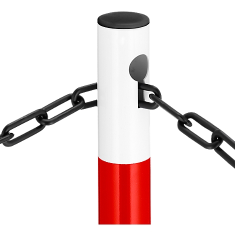 White and red bollard with black chain. A black lid is attached to the bollard, a hole is used to attach the chain.