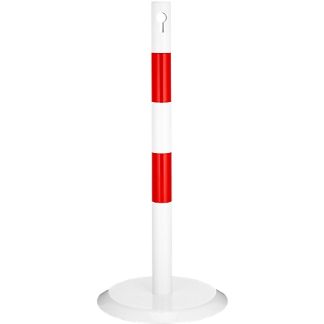 White and red bollard with rounded base and holder.