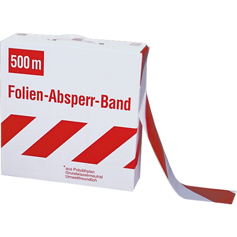 White box with red and white barrier tape. Inscription: 500m and Folien-Absperr-Band.