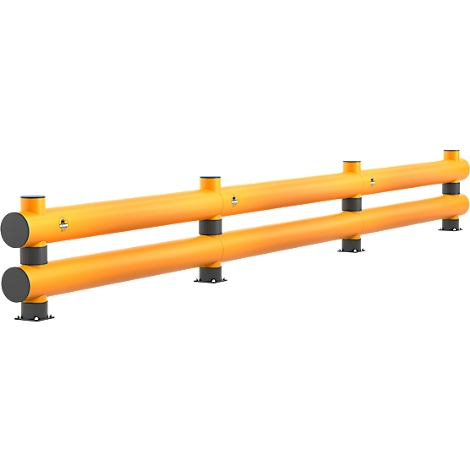 Barrière de sécurité jaune avec deux tubes reliés par des connecteurs noirs. Pieds gris soutenant la structure.