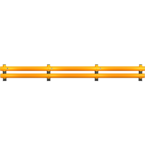 Glissière de sécurité jaune avec deux tubes parallèles reliés par des poteaux noirs.