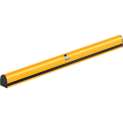 Objet jaune et oblong avec une bande noire. Autocollant logo en haut.