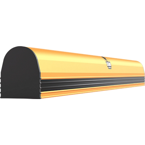 Objet jaune allongé, semi-circulaire, avec une extrémité noire et deux lignes noires.