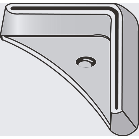Metal corner bracket, grey, with a hole for fixing. Angular shape, rounded edges.