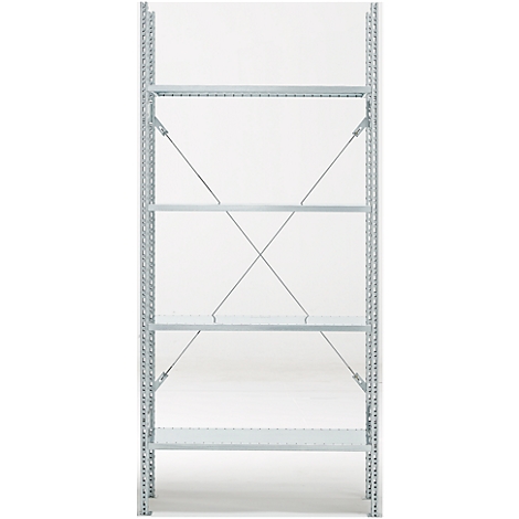 Metal shelving unit with multiple tiers, diagonal bracing, and light background.