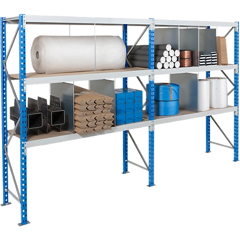 A storage rack with a blue and white frame. It contains various materials such as rolls, sacks and boxes.
