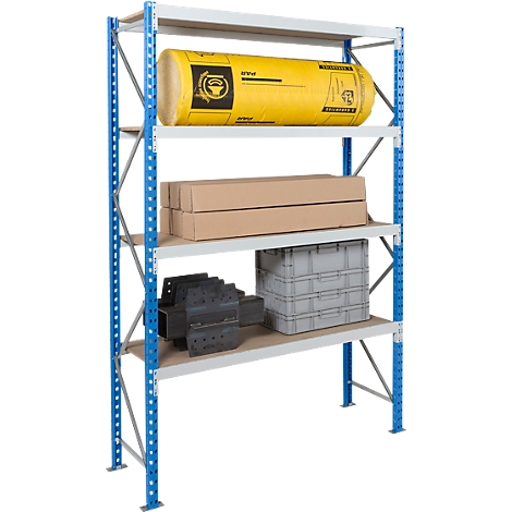 A blue and silver storage rack with yellow and brown products on the shelves.