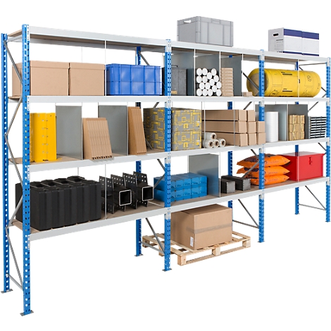 Shelving unit with various goods, including boxes, cartons, rolls, and other items.