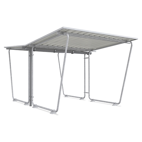 Gray bike shelter with corrugated roof on white background.