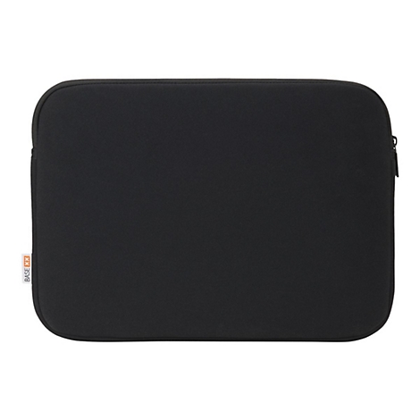 Schwarze Laptoptasche, rechteckig mit abgerundeten Ecken, Reißverschluss, Markenlogo.