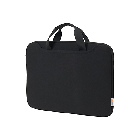 Schwarze Laptoptasche mit Tragegriff. Auf der Seite ist ein Logo. 