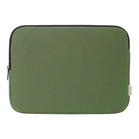 Olivegrüne Laptoptasche mit schwarzem Reißverschluss und Saum. Am Rand steht das Logo BASE XX.