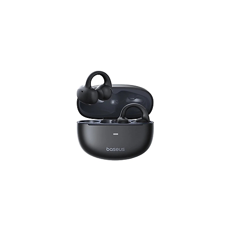 Schwarze Ohrhörer mit Ladeschale, Ohrbügel und Baseus-Logo.