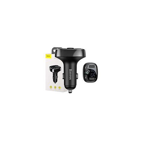 Transmetteur FM Baseus noir, à côté de l'emballage du produit et du panneau de contrôle.