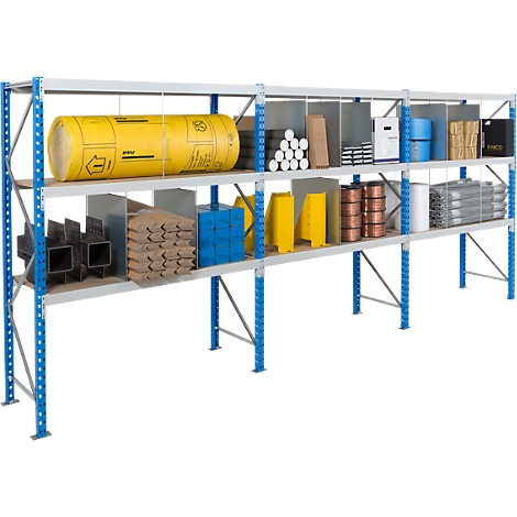 Metal shelving with stored goods: pipes, rolls, boxes, etc.