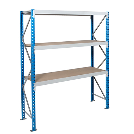 Three-tier storage rack with blue frames and brown shelves.