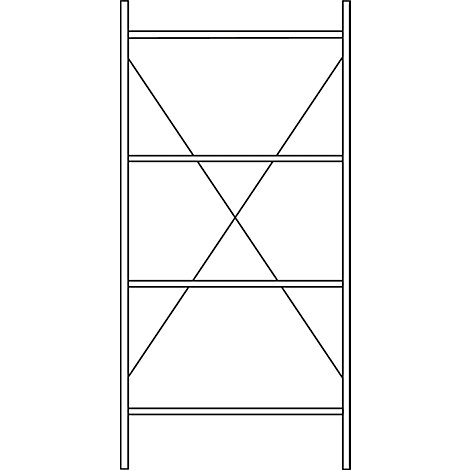 A white shelf with four shelves, stabilized by diagonal struts.