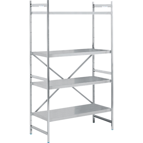 Metal shelving unit with four levels, against a white background, slightly from below.