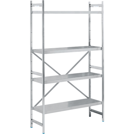 Stainless steel shelf, four shelves, diagonal struts.